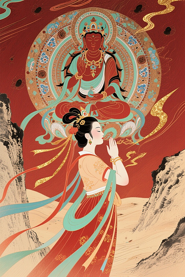 根据根据传统非遗景泰蓝为主题，结合中国水墨画画风和东煌壁画加上砂石纹理做出的作品