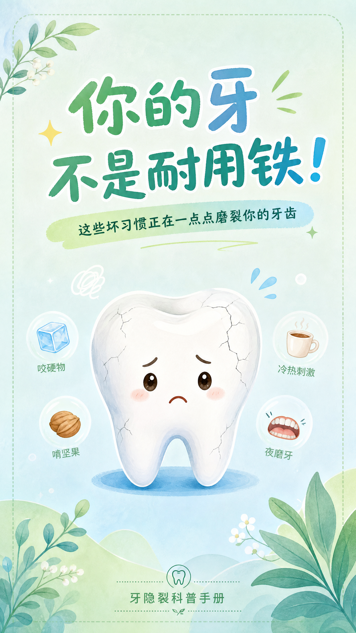 竖版科普折页封面，清新手绘插画风格，柔和薄荷绿和淡蓝色渐变背景… - 图片创意预览