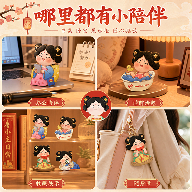 [主图-5] 唐小主盲盒多场景展示图，展示盲盒在不同生活场景中的摆放效果，突出百搭适配。
[统一基调] 抖音1:1主图，国风治愈暖色调，朱红+暖橙+米白为主色，点缀淡粉与黛紫；字体采用圆润国风书法体，标题粗大有张力，辅助字纤细秀气；整体风格温柔治愈、少女心满满，适配18-35岁女性审美。
[画面] 画面采用四宫格布局，展示唐小主盲盒在四个不同场景中的摆放效果：左上格-书桌办公场景（手办放在电脑旁，陪你加班）、右上格-卧室床头柜场景（手办放在台灯旁，陪你入睡）、左下格-客厅展示柜场景（多款手办整齐陈列，收藏展示）、右下格-包包挂饰/随身陪伴场景（手办放在女生挎包里，随身携带）；每格下方有简短场景名称标签；四个场景色调统一为暖色系，风格协调；中间有一个圆形的唐小主头像装饰，连接四个场景。
[光影质感] 每个小场景都有独立的柔和光影，整体光线明亮通透；手办在每个场景中都自然融入，有真实的光影和接触阴影。
[配色] 主色暖橙、米白、木色，每个场景有各自的色彩倾向但整体统一；暖色调贯穿始终，温馨治愈。
[文字版式] 顶部大标题"哪里都有小陪伴"，副标题"书桌 卧室 展示柜 随心摆放"；每个场景下方有小号标签"办公陪伴""睡前治愈""收藏展示""随身带"；文字布局清晰，不遮挡场景主体。
[输出要求] 1:1正方形，2K高清，每个场景清晰自然，手办融入真实，文字清晰可读；禁止出现水印、二维码、平台Logo，禁止手办变形。