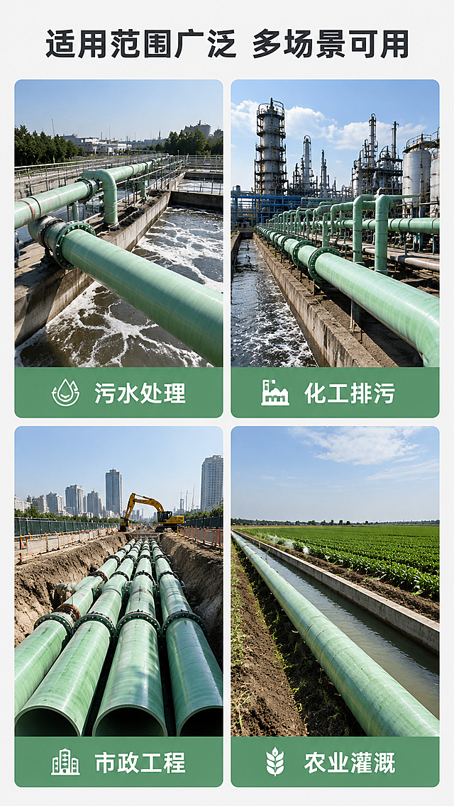 [第5屏] 多适用场景展示
[氛围/风格] 多场景拼贴展示，信息丰富直观，符合拼多多风格
[元素布局] 页面采用2×2宫格，四个格子分别展示不同使用场景：污水处理、化工排污、市政工程、农业灌溉。每个格子包含场景背景+玻璃钢管道产品，产品保持绿色外观和结构与原图一致，场景背景贴合使用用途。顶部设置总标题
[光影质感] 每个场景光照自然真实，产品在场景中清晰突出，整体画面明亮干净
[配色色系] 全局底色：#F5F5F5（浅灰）；管道主体：#73BF83；场景背景贴合实际环境，标题文字：#333333
[视角构图] 每个场景格子采用平视构图，突出管道在场景中的应用，宫格排布整齐
[文字版式] 顶部主标题"适用范围广泛 多场景可用"，每个场景格子底部标注场景名称，每个名称配小图标，文字清晰不遮挡产品主体
[比例分辨率] 9:16 竖版比例，1080*1920分辨率，2K超高清，文字清晰可辨
[负向提示词] 场景不合理，产品变形，颜色错误，文字重叠，背景杂乱
