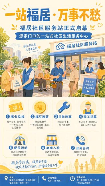 温暖亲和风格社区服务站启幕宣传海报，主色调为暖黄+米白+亲和蓝，整体颜色不超过三种，字体不超过三种。画面加入温馨的邻里互动便民服务场景插画，传达温暖亲和正能量的社区氛围。主标题“一站福居 · 万事不愁预览效果