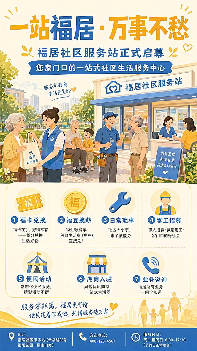 温暖亲和风格社区服务站启幕宣传海报，主色调为暖黄+米白+亲和蓝，整体颜色不超过三种，字体不超过三种。画面加入温馨的邻里互动便民服务场景插画，传达温暖亲和正能量的社区氛围。主标题“一站福居 · 万事不愁”，字号最大，居中居上。副标题“福居社区服务站正式启幕 您家门口的一站式社区生活服务中心”，字号次之，放在主标题下方。海报中部展示七大服务板块，图标加分栏呈现：1.🎫 福卡兑换 福卡在手，好物常有——积分兑换生活好物；2.💰 福豆换薪 物业缴费单 = 等额生活费（福豆），直接兑！；3.🛠 日常琐事 社区大小事，来了就能办；4.👷 零工招募 职人招募·灵活用工·家门口的好机会；5.🎪 便民活动 常态化便民服务，精彩活动不断；6.🏪 底商入驻 周边优质商家，一站式生活圈；7.📞 业务咨询 福居所有业务，一问全知道。海报底部放置品牌口号：“服务零距离，福居更有情 便民连着你我他，热情服务暖万家”，字号较小。最底部放置落款信息：📍 地址：[填写服务站具体地址] 📞 咨询电话：[填写联系电话] 🕐 服务时间：[填写营业时间]。排版清晰，主标题突出放大，适当留白，信息层级分明：主标题 > 副标题 > 七大服务板块 > 口号 > 落款信息，版式精美，整体比例为竖版9:16。