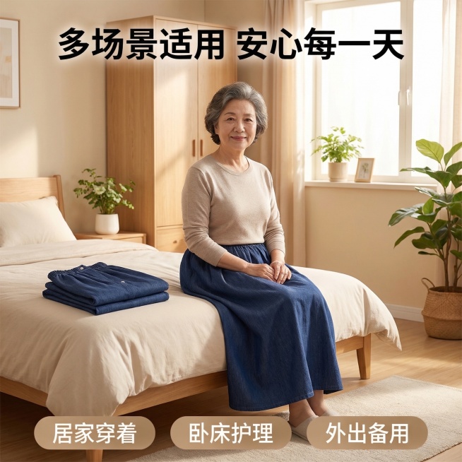 [垫图]输入的老年人防漏隔尿裙图片
[主图主题]老年人防漏隔尿裙使用场景主图
[氛围/风格]温馨真实生活场景，自然柔光，舒适接地气
[画面元素]亚洲面孔老年女性（60岁左右，面带温和笑容）穿着该隔尿裙预览效果
