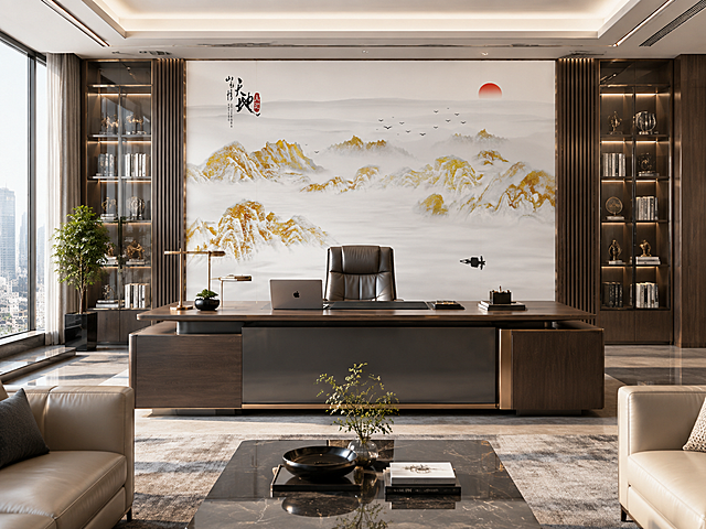 将这张金色山水刺绣硬包背景墙图安装到高端总裁董事长办公室的主墙上，生成真实的办公室场景效果图。办公室为现代轻奢商务风格，有大班台、真皮老板椅、玻璃书柜、会客区沙发等办公家具，整体光线柔和明亮，自然光从侧面照入，光影自然真实，墙面装饰效果自然贴合，刺绣硬包图案和颜色保持完全不变，办公室场景色调保持真实自然不改变，画面超写实，高清摄影质感，室内设计效果图
