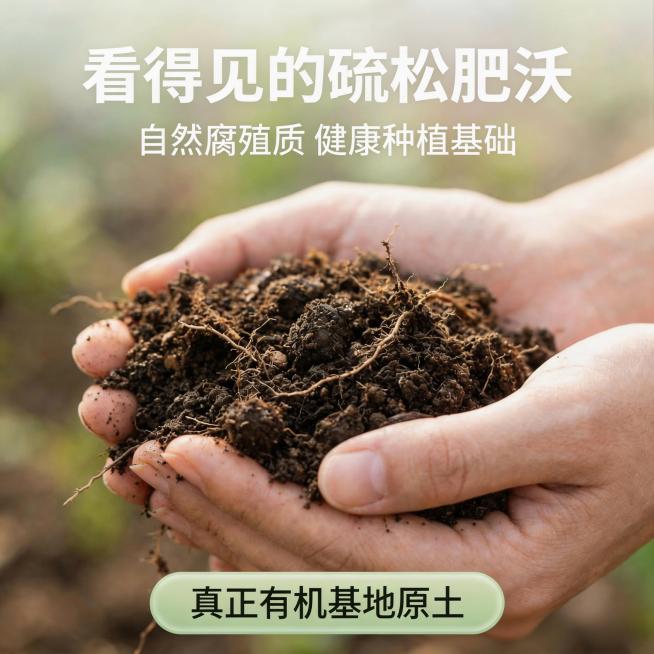 [主图 2] 展示有机土壤品质细节
[氛围风格] 自然真实质感，特写展示，原生自然氛围
[画面元素] 商业摄影质感、光线柔和通透、产品清晰真实、画面干净高级。一双手捧着疏松肥沃的有机泥土，清晰展示土壤预览效果