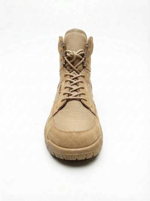 保持图片1鞋子的产品朝向、整体角度、鞋型、结构、轮廓完全不变，把材质和颜色替换为图片2的沙色帆布+反绒磨砂材质，保留纯白背景和自然阴影，保留所有产品结构细节，不改变鞋型和鞋带位置，画质清晰，8k高清预览效果