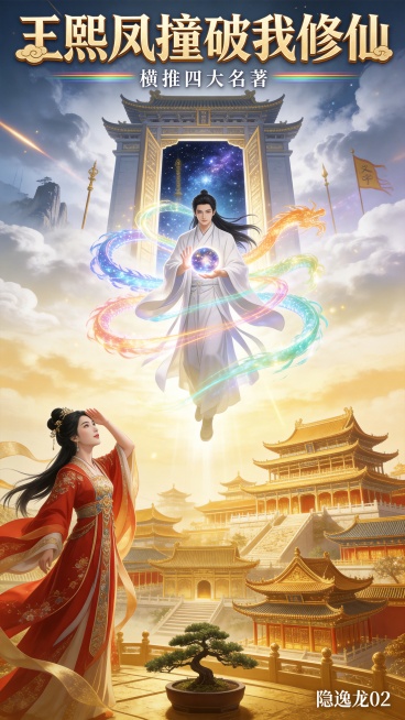 3D小说封面《王熙凤撞破我修仙 横推四大名著》，笔名：隐逸龙02。仙临红楼·气运横推风格，3D人物，画面分层：最下方缩小如盆景的金碧辉煌贾府建筑群，飞檐斗拱；左下方是参考图里样貌的古装王熙凤，穿着朱红预览效果