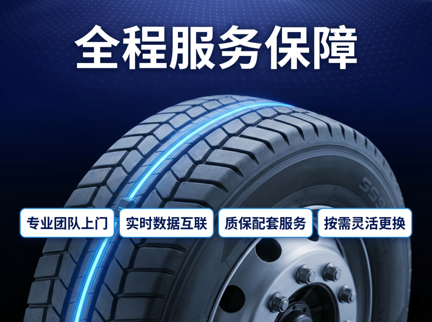 [主图 5] 服务保障与售后。保持产品风格与参考图一致，科技蓝黑工业风。顶部大字主标题「全程服务保障」，中部主体轮胎展示，底部横向排列四项服务保障胶囊标签，分别是：「专业团队上门」「实时数据互联」「质预览效果