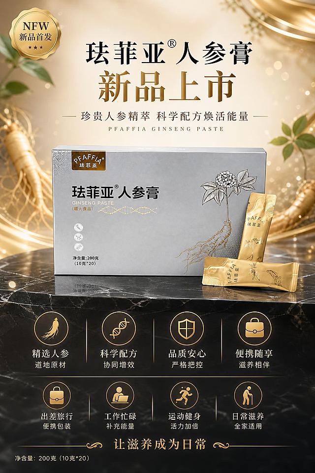 珐菲亚人参膏新品上市海报，A4竖版2:3比例。高端滋补营养品商业摄影风格，轻奢金调配色，新品首发氛围，温和滋养质感。画面主体为珐菲亚人参膏产品礼盒（银灰色长方体包装盒，正面印有"珐菲亚®人参膏"黑色大字、"GINSENG PASTE"英文、人参线描图案，旁边放两支金色独立小袋装膏体），产品100%还原上传商品图的外形、包装、LOGO、印刷文字，以上传图为唯一商品主体来源，完整保留盒型、轮廓、结构、比例、标签版式、品牌logo、容量信息、材质质感、颜色与正面朝向。产品放置在深色大理石台面上，背景为柔和的米金色渐变，点缀虚化的人参须根、绿叶和金色光晕粒子，营造新品上市的高级感。顶部左上角金色"NEW 新品首发"徽章标识。画面上方居中大标题"珐菲亚®人参膏 新品上市"，副标题"珍贵人参精萃 科学配方焕活能量"，下方小字"PFAFFIA GINSENG PASTE"。产品居中偏下展示，商品主体占比55%-70%。产品下方排列四个金色圆形卖点图标：第一个人参图标配文字"精选人参 道地原材"，第二个DNA图标配文字"科学配方 协同增效"，第三个盾牌图标配文字"品质安心 严格把控"，第四个便携袋图标配文字"便携随享 滋养相伴"。再下方四个适用场景小图标横排：出差旅行、工作忙碌、运动健身、日常滋养。底部金色装饰线，中间slogan"让滋养成为日常"，左下角标注"净含量：200克（10克*20）"。整体版式精美，上下分层清晰，主次分明，四周留足安全边距。顶部柔和自然光+侧前方柔光，产品高光细腻，阴影柔和自然。超高清商业摄影质感，2K分辨率。画面中所有信息区域必须填充完整合理内容，不得出现空白框、空白占位。画面中所有数字必须精确渲染，不得错位、遗漏或编造。不显示任何零售价、价格信息。