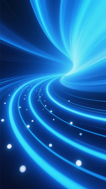 深邃科技感蓝色渐变背景，画面底部由多条发光蓝色线条汇聚成螺旋状光轨，光轨上点缀着大小不一的白色光点，上部是流动的半透明蓝色光带，整体呈现出速度感与未来科技氛围，光影层次分明，色彩以深蓝、湖蓝、浅蓝渐变融合，营造出神秘而充满动感的宇宙空间或高速穿梭的科技隧道视觉效果。预览效果