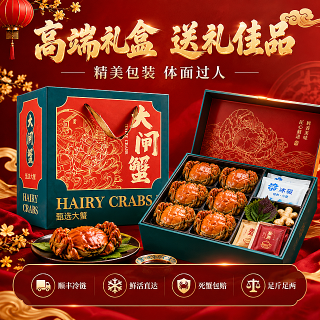 [主图-5] 礼盒展示与服务承诺，突出礼盒包装的送礼属性和售后保障。
[统一基调] 高端国潮喜庆风格，背景主色为深红渐变，标题字色为烫金书法字，辅助字色为米白色，强调色为朱红，字体为粗笔书法体搭配宋体辅助字。
[画面] 画面中央主体为大闸蟹礼盒（与原图包装一致：墨绿色配红色烫金大闸蟹图案和文字），礼盒呈45度角展示，旁边打开礼盒露出里面整齐摆放的大闸蟹和冰袋、紫苏、姜茶等配件，展示礼盒内部丰富内容。礼盒周围有金色光晕和祥云装饰。画面底部有半透明悬浮条展示服务承诺图标。产品占画面约60%。
[光影质感] 正面柔光打亮礼盒，烫金部分有金属光泽，礼盒立体感强，内部物品清晰可见，整体高端大气，商业产品摄影质感。
[配色] 深红背景主色，烫金标题字，米白辅助字，朱红强调色，礼盒墨绿配红色烫金。
[文字版式] 上方烫金书法标题"高端礼盒 送礼佳品"，下方米白宋体小字"精美包装 体面过人"。底部半透明深色悬浮条横向排列四个服务图标加文字：顺丰冷链、鲜活直达、死蟹包赔、足斤足两。文字清晰，排版整齐。
[输出要求] 比例1:1，文字清晰可读，礼盒展示完整，无变形错字，无水印无平台Logo，画面高端有信任感。