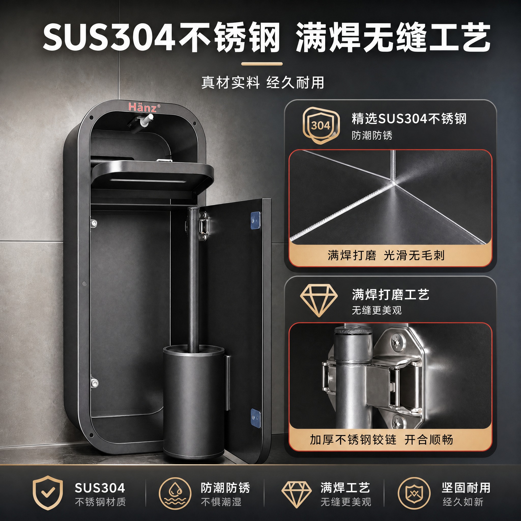 将这张SUS304不锈钢材质工艺图重新排版为1:1正方形主图。… - 图片创意预览