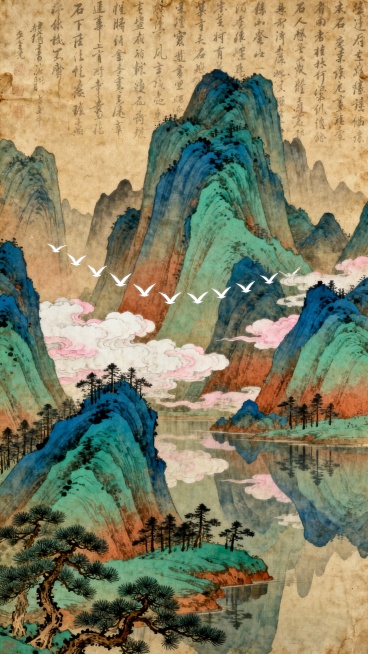 中国传统工笔青绿山水风格，泛黄仿古宣纸背景上布满古朴竖排书法文字，远处群山以石青、石绿、赭石等矿物颜料层层渲染，色彩浓艳沉稳，近处几株苍劲松树点缀山脚，山间云雾以白粉轻染，飘渺朦胧，数只白色飞鸟呈V字形掠过山峦之间，水面平静如镜倒映山色云影，整体构图深远，意境悠远宁静，尽显古典雅致的东方美学韵味。预览效果