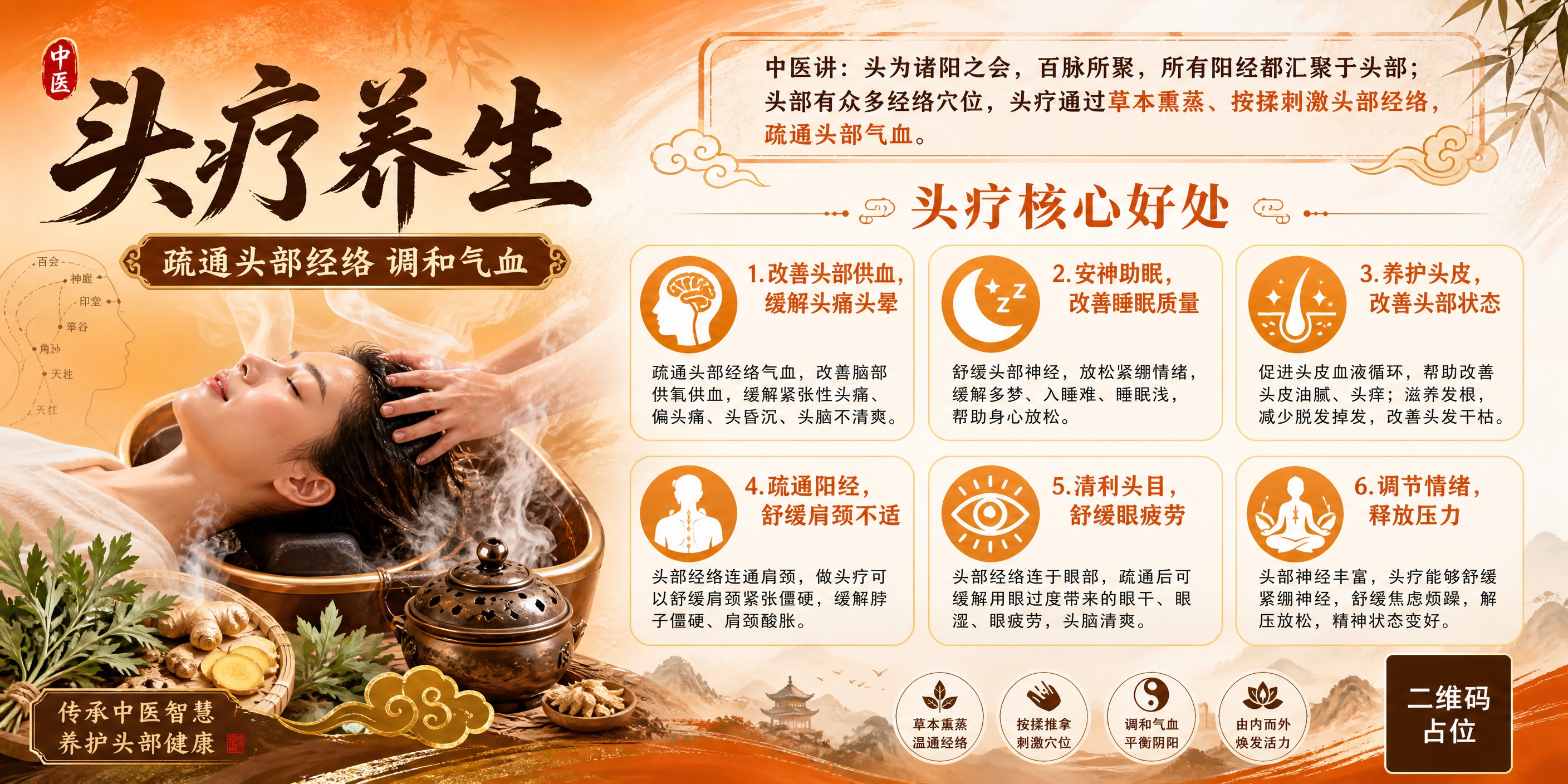 一张中医头疗养生宣传海报，横版超宽幅，橙色系列主色调，暖橙色渐… - 图片创意预览