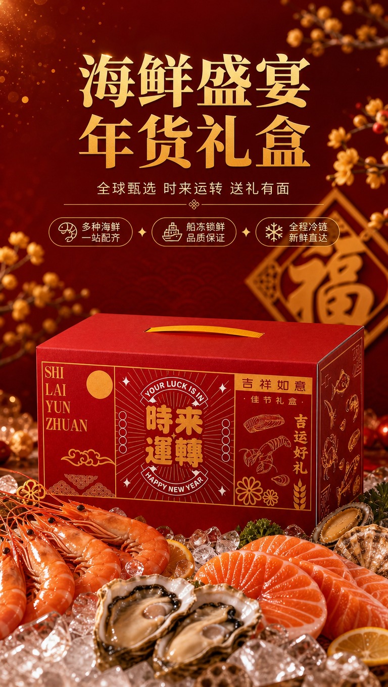 [商品] 使用【图1】红色"时来运转"海鲜礼盒；保留礼盒正红色… - 图片创意预览