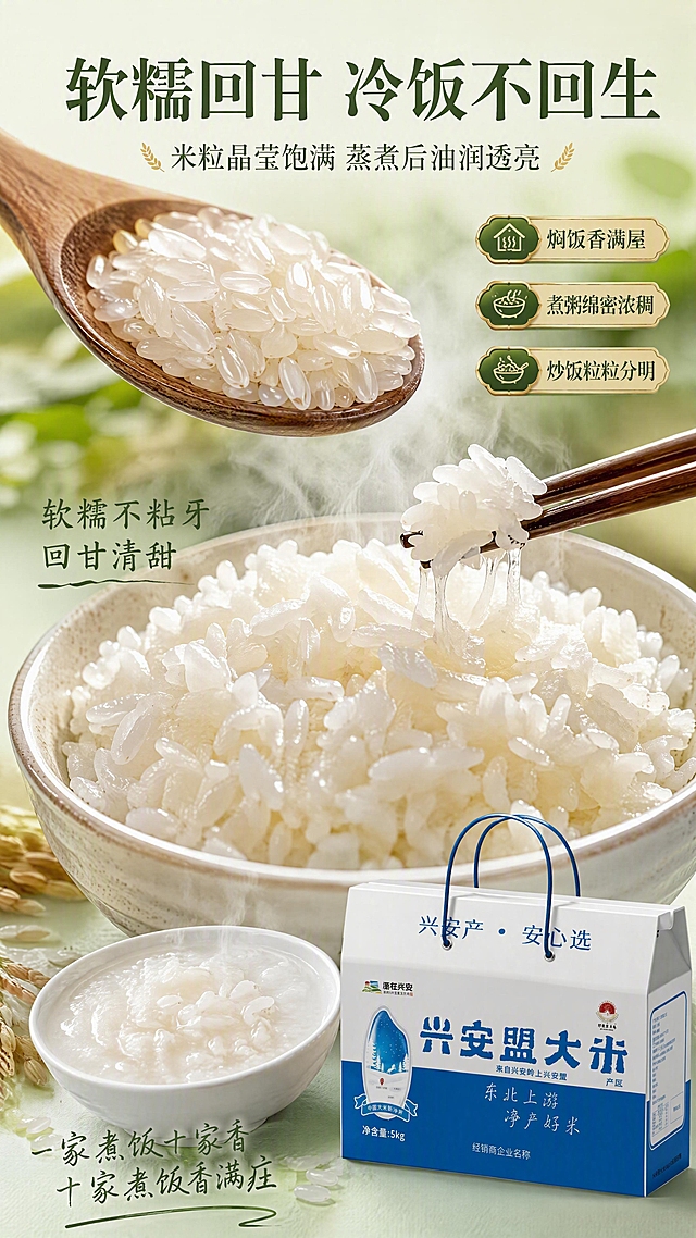 [第4张] 详情页口感风味展示-米粒特写+蒸煮后质地。本张使用【图1】作为包装辅助。
[氛围/风格] 食欲质感风，微距特写，油润透亮的米饭质感，突出软糯回甘口感。
[元素布局] 画面上半部分为木勺舀起的晶莹饱满生米粒微距特写，米粒透亮有光泽，颗粒分明，占比约35%；画面中部为一碗刚蒸好的白米饭特写，米饭油润透亮，冒着淡淡热气，米饭表面有光泽，用筷子夹起几粒，能看到软糯拉丝感，占比约40%；画面右下角为一小碗米粥，浓稠绵密，旁边点缀兴安盟大米礼盒小图，占比约15%。
[光影质感] 柔和侧光，突出米粒通透感和米饭油润质感，热气朦胧自然，碗边有柔和高光，整体温暖有食欲。
[配色色系] 全局底色淡绿色 #E8F5E9；主色米白、米黄；辅助色木勺棕、碗的素雅白、淡绿底。
[视角构图] 上下递进式构图，阅读动线顶部生米特写 → 中部米饭主视觉 → 底部粥品+包装。
[文字版式] 顶部主标题「软糯回甘 冷饭不回生」，副标题「米粒晶莹饱满 蒸煮后油润透亮」，宋体标题字，深绿色；米饭旁标注「软糯不粘牙 回甘清甜」；底部配短句「一家煮饭十家香 十家煮饭香满庄」，手写体风格点缀；右侧三个小标签：「焖饭香满屋」「煮粥绵密浓稠」「炒饭粒粒分明」。
[比例分辨率] 9:16 竖版比例，4K 分辨率，文字清晰可辨，高清画质。
[负向提示词] 米饭不真实，米粒变形，颜色偏差，水印，文字过小，热气不自然。
