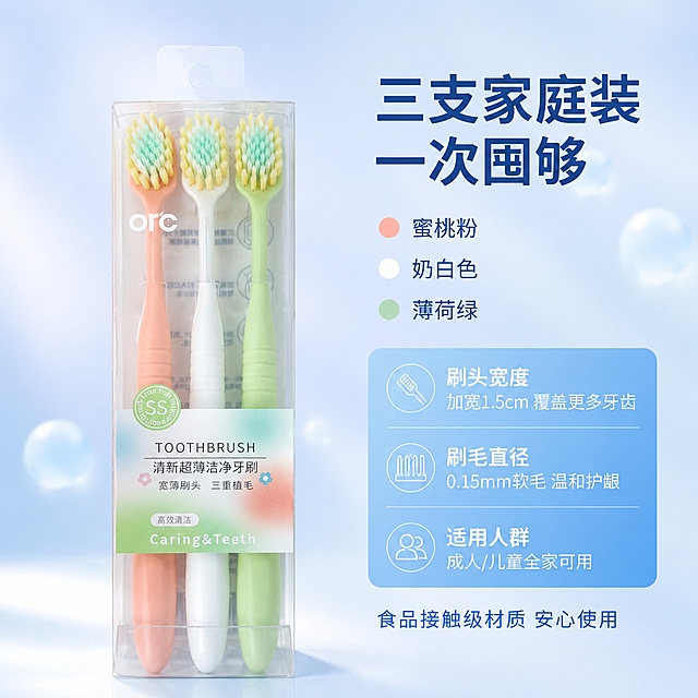 电商主图第五张，规格SKU与套餐决策图。参考图同款清新蓝白洁净风格。画面主体为三支装牙刷的透明包装盒正面展示，盒内三支马卡龙色牙刷（蜜桃粉、奶白色、薄荷绿）整齐排列，包装标签清晰可见。包装盒居中偏左，产品占比约55%，保持包装和产品外观与输入图一致。右侧为规格信息区域。背景为浅蓝渐变+柔和光斑。文字版式：右侧上半部分大标题写"三支家庭装 一次囤够"，下方三行颜色标注，每行一个小圆点+颜色名：「蜜桃粉」「奶白色」「薄荷绿」；右侧下半部分规格卡片，卡片内分两行：第一行「刷头宽度」「加宽1.5cm 覆盖更多牙齿」，第二行「刷毛直径」「0.15mm软毛 温和护龈」，第三行「适用人群」「成人/儿童全家可用」。底部小字标注"食品接触级材质 安心使用"。文字用深蓝和白色，现代无衬线字体，层级分明。光影：正上方柔和主光，包装盒有通透质感，底部自然投影，整体明亮干净。配色：浅蓝白主调+三色牙刷点缀。1:1正方形构图，平视微俯视角，商业摄影质感，超高清。画面禁止变形、文字错乱、产品模糊、背景杂乱、水印、电商平台Logo。
