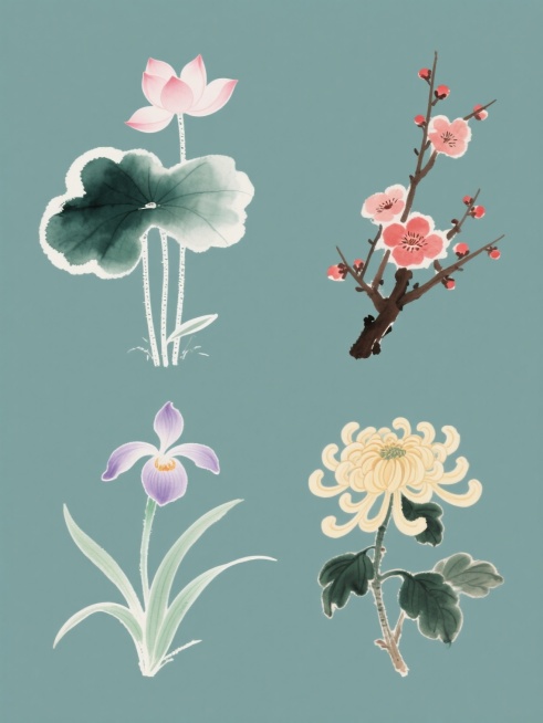 中国传统水墨风格，淡彩晕染效果，透明感笔触，白描线条勾勒，以纯色为背景，四个不同元素内容的系列素材集合规整排布，分别为：左侧上部是水墨荷花，淡粉色花瓣，墨绿色荷叶，茎秆细长；右侧上部是水墨梅花，浅红色花瓣，深褐色枝干，点缀几点花苞；左侧下部是水墨兰花，淡紫色花瓣，浅绿色兰叶，姿态优雅；右侧下部是水墨菊花，淡黄色花瓣，深绿色叶片，花型饱满，整体色彩变换丰富，保持统一的水墨韵味和元素类目，构图对称……预览效果