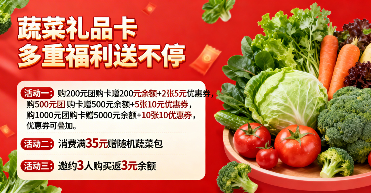线上商城蔬菜礼品卡促销活动轮播banner，采用左右布局，左侧为文字，右侧摆放新鲜丰富的蔬菜。左侧顶部有醒目的大标题“蔬菜礼品卡 多重福利送不停”，下方分三栏清晰排版活动文案：活动一：购200元团购卡预览效果