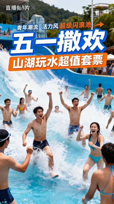 五一黄金周夏日游玩主题，肇庆四会山湖水上乐园直播间贴片第三套首图，风格是年轻潮流活力风，背景是超级冲浪池刺激场景，标题为“五一撒欢 山湖玩水超值套票”，使用蓝橙撞色，充满青春活力的夏日氛围。预览效果