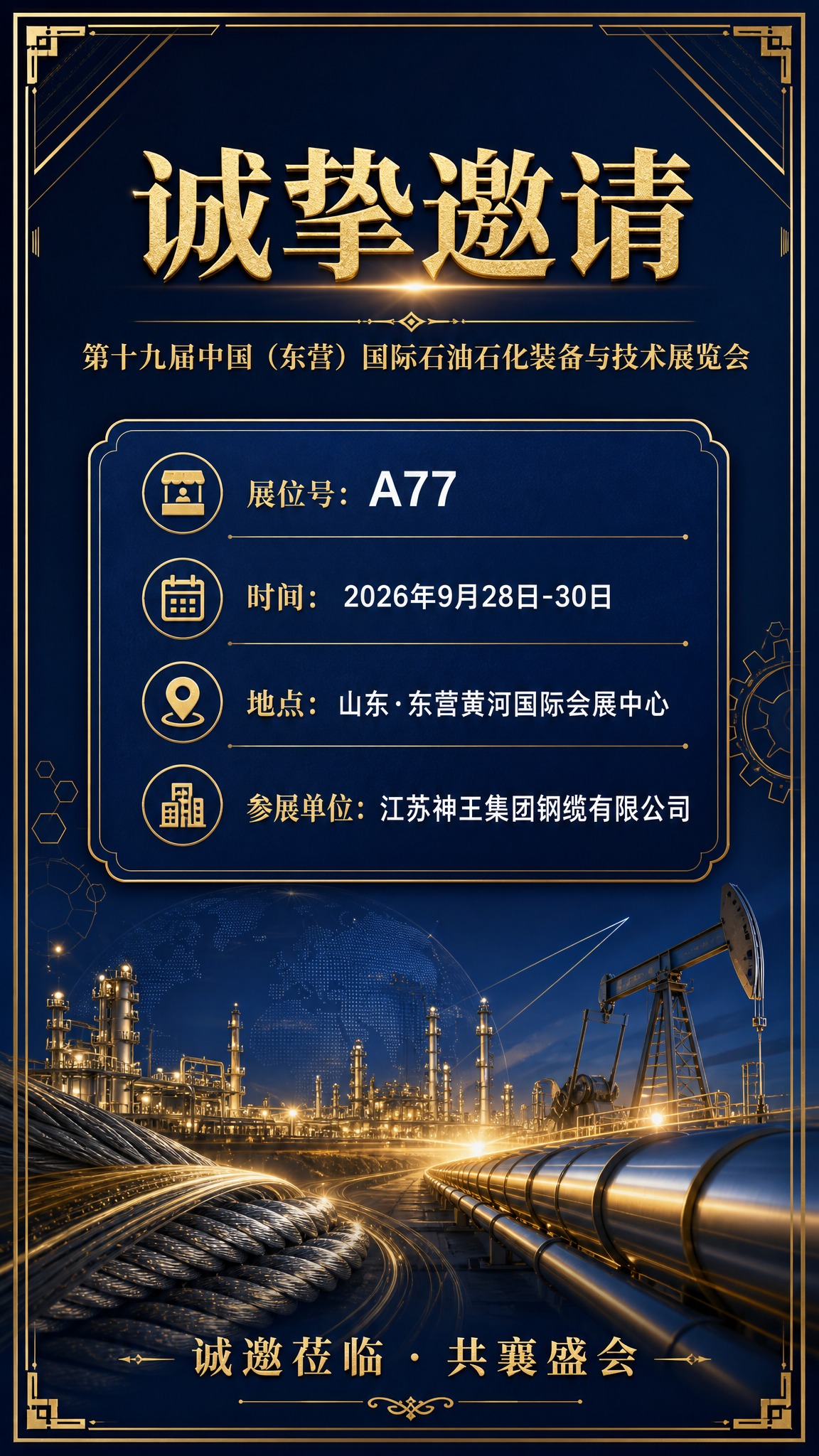 一张商务大气的展会参展邀请函海报，竖版9:16比例，深蓝与金色… - 图片创意预览