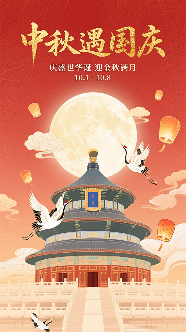 以红色为底色，带有纹理质感，金色书法字标题“中秋遇国庆” 书法字体，小字“庆盛世华诞 迎金秋满月”、“10.1-10.8”，下方是天坛建筑，后方圆月，周围环绕祥云、仙鹤、孔明灯