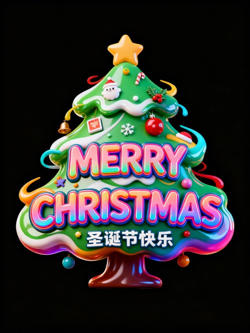 logo标题设计，以不规则卡通风格呈现一棵圆润夸张的圣诞树形态，笔画随意流动充满动感活力。树身装饰丰富动漫卡通元素，采用多巴胺配色方案，表面光泽感强烈，立体感突出。字体“MERRY CHRISTMAS预览效果