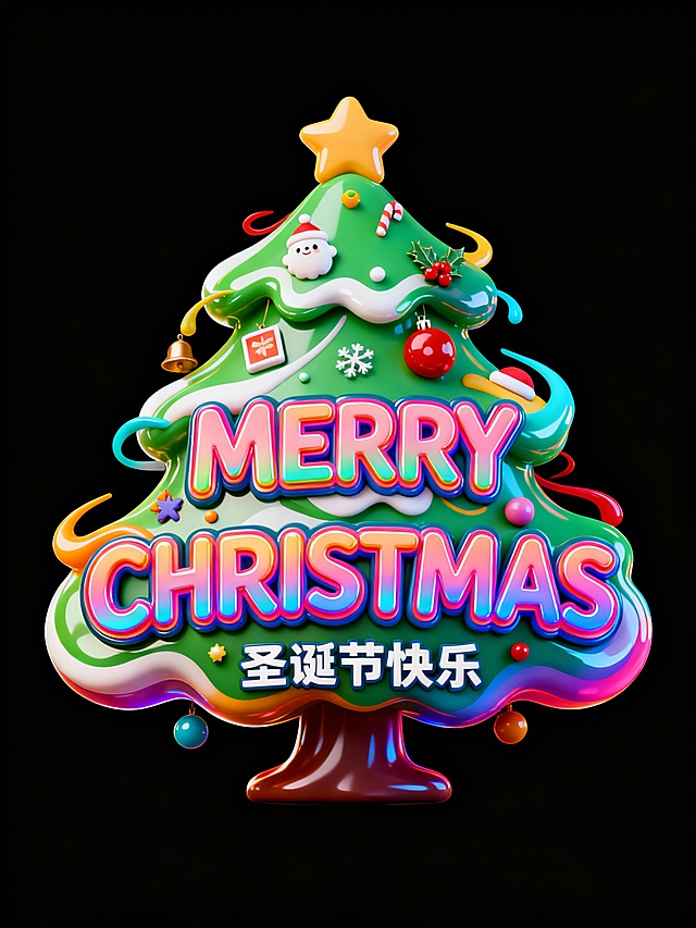 软3D风圣诞树造型，融合液态光泽与霓虹灯色彩，卡通化装饰元素营造甜蜜可爱氛围，喜庆感十足，节日祝福跃然眼前。