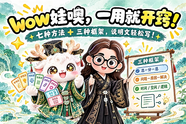 横版6寸比例的结尾页设计，大标题为"wow娃噢，一用就开窍！"，副标题为"七种方法 + 三种框架，说明文轻松写！"，画面中央是两个Q版国风IP形象：一个是手持七张说明方法卡片的白色毛绒瑞兽（穿绿色汉服戴官帽），另一个是戴黑框眼镜、穿黑色金龙纹汉服的卡通女孩站在框架图前，两人自信满满，周围有星星和光芒特效，整体风格活泼有感染力，青绿色水彩风背景，与费曼复述卡系列风格统一，排版醒目美观，适合打印
