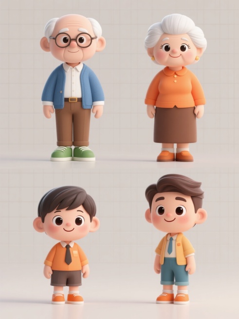 4个不同年龄段卡通人物的系列集合，采用3D立体Q版风格，圆润可爱的造型，柔和的光影处理，平滑的材质过渡，纯色背景，规整的网格排布。包括：白发戴眼镜的老年男性（蓝色开衫、白色衬衫、棕色裤子、绿色鞋子）和白发盘髻的老年女性（橙色上衣、棕色裙子、橙色鞋子）；穿着商务休闲装的中年男性和女性；时尚装扮的青年男性和女性；穿着活泼童装的小男孩和小女孩。所有人物都有大大的眼睛、微笑的表情，色彩明快和谐，整体保……预览效果