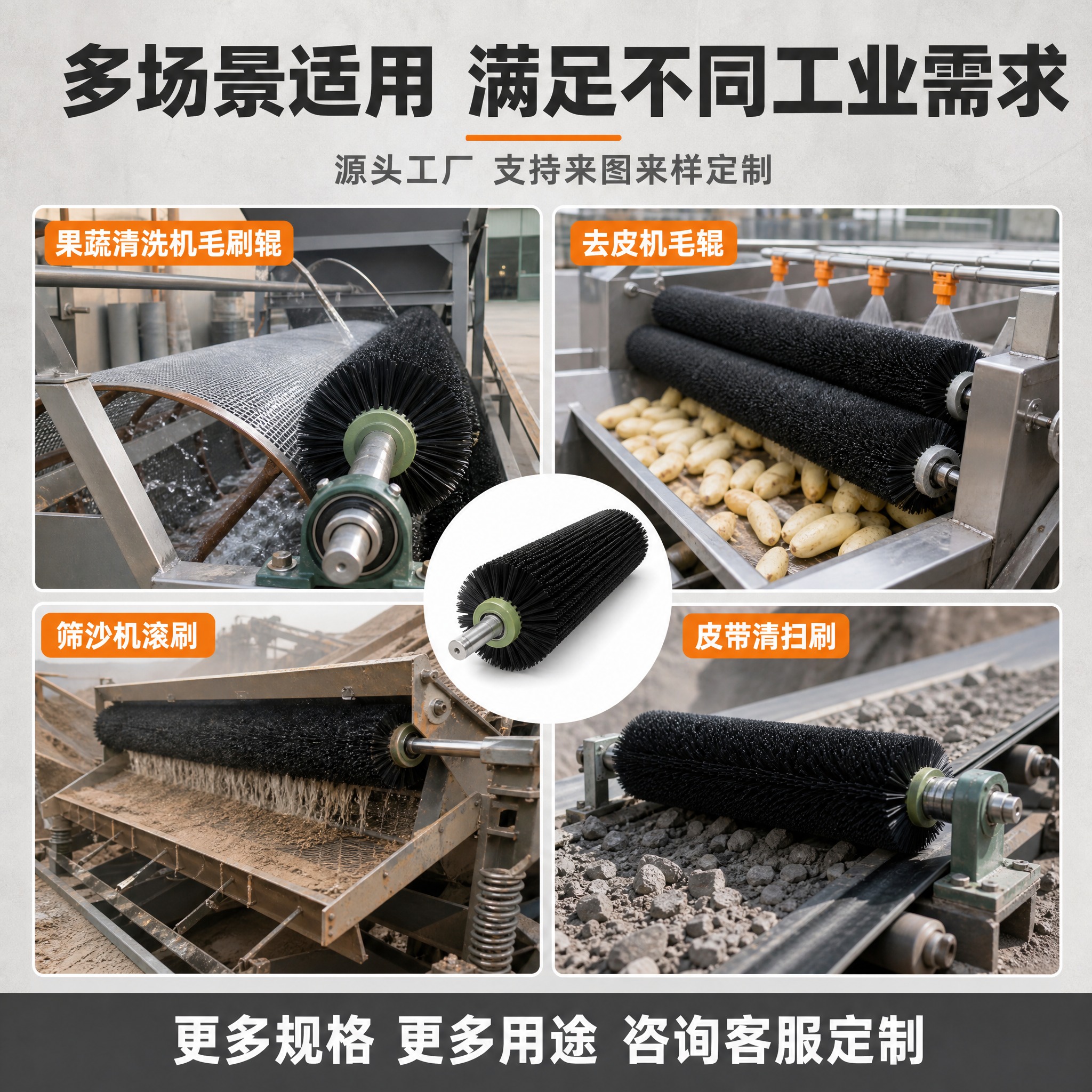 [主图-4] 多场景适用图，主题为毛刷辊广泛应用于多种工业设备… - 图片创意预览