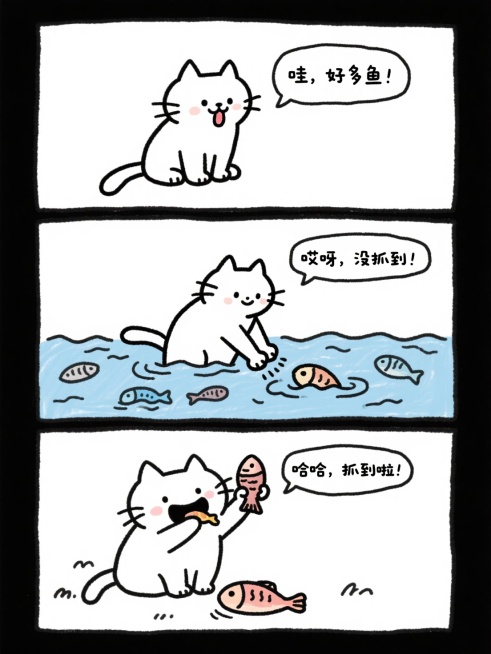 白色背景，粗蜡笔画，一只猫咪的在河边从抓鱼的过程到大口吃鱼，四格漫画，手绘插画，简笔画，可爱温馨，治愈系画风格预览效果