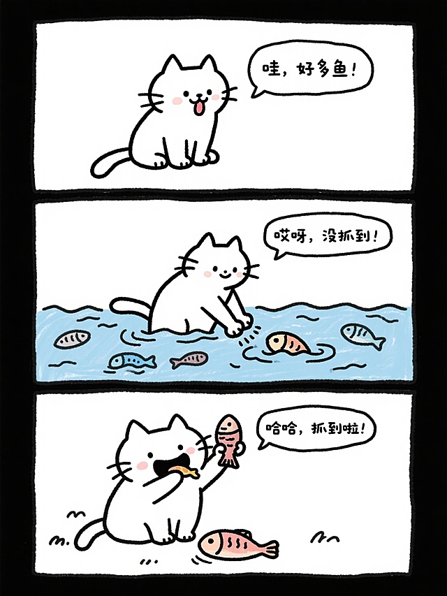 漫画风可爱猫咪抓鱼，表情生动，趣味十足。