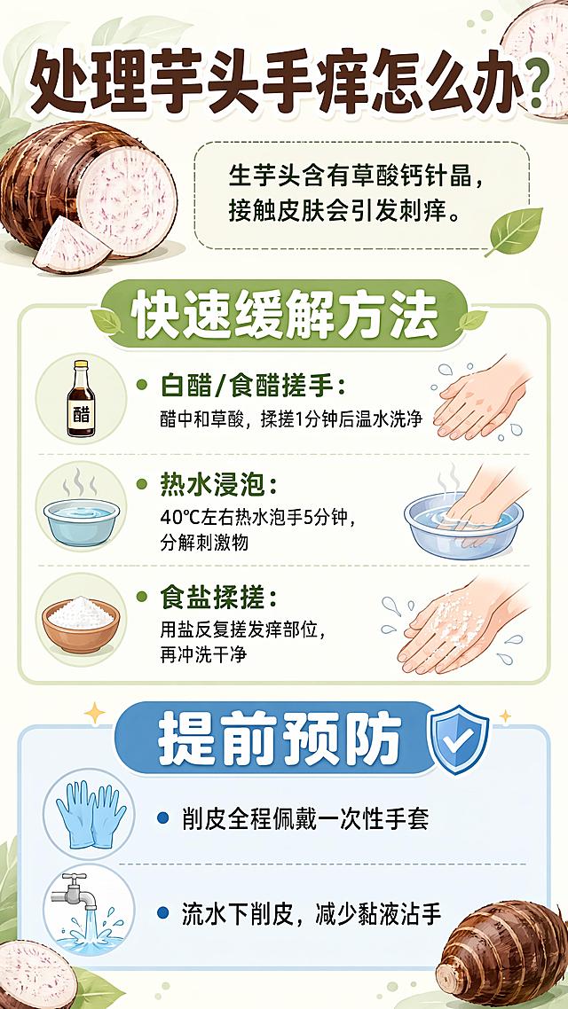 生活知识科普海报，清新简洁浅色系背景，元素简单，大师级协调配色，画面饱满，上中下三段式排版，字体大且清晰可读。顶部主标题文字："处理芋头手痒怎么办？"，中上位置小字说明："生芋头含有草酸钙针晶，接触皮肤会引发刺痒。"，中部大字标题："快速缓解方法"，下方分点文字：
·白醋/食醋搓手：醋中和草酸，揉搓1分钟后温水洗净
·热水浸泡：40℃左右热水泡手5分钟，分解刺激物
·食盐揉搓：用盐反复搓发痒部位，再冲洗干净
底部大字标题："提前预防"，下方分点文字：
·削皮全程佩戴一次性手套
·流水下削皮，减少黏液沾手

所有文字必须完整准确保留，排版清晰分区，背景干净简约，加入少量芋头相关淡色装饰元素，整体风格清新实用，版式精美。