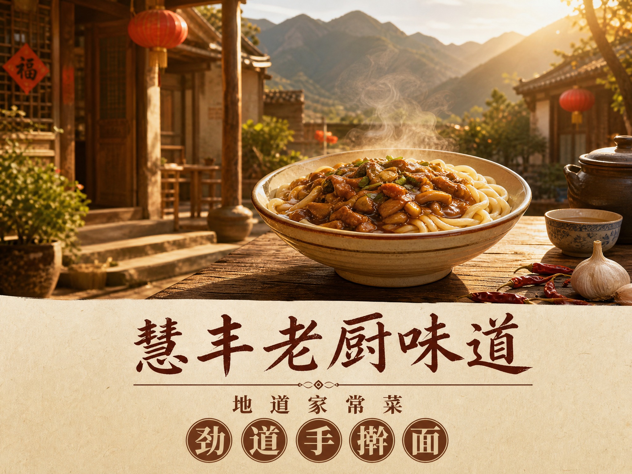 古色古香的中式庭院，远处是连绵的高山，温暖的阳光从斜上方照射进… - 图片创意预览