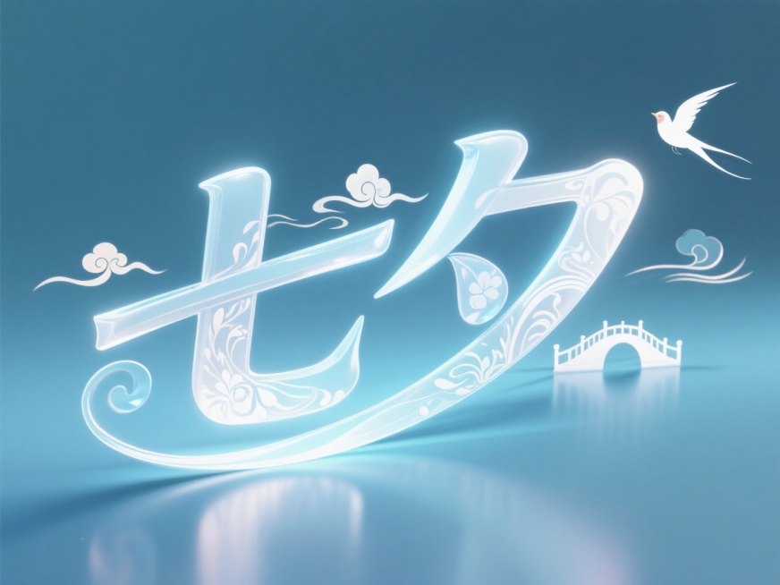 横向文字"七夕"。创意字体设计，点缀祥云、鹊桥、飞鸟元素，线条流畅，高级感，淡蓝 + 白色（纯净）配色，艺术字+ 花纹，字下方加浅色发光阴影，增强立体感。整体向右倾斜 5°~10°，模拟风吹动的动态。预览效果