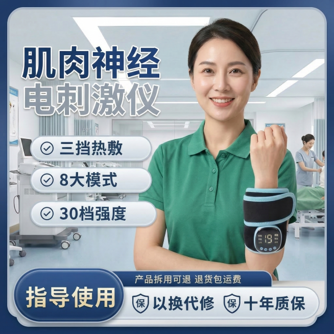 图中是一位亚洲女性模特，身穿绿色Polo衫，佩戴肌肉神经电刺激仪在手腕上，面带微笑；背景为明亮洁净的医院康复中心环境，有康复设备与医护人员；产品主体清晰展示，卖点文字内容不变：'三挡热敷'、'8大模式预览效果
