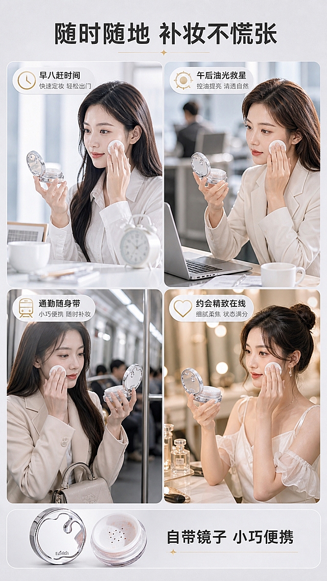 [商品] 使用【图1】Ex'wich银色镜面盖透明罐身定妆散粉；保留银色镜面盖、Ex'wich Logo、透明罐身的结构、颜色和材质；产品在每个场景中自然出现。
[画面] 目标：场景种草，多场景展示便携补妆属性。构图：2×2四宫格拼图，四个场景分别为：早八快速上妆、办公室午后补妆、通勤地铁补妆、约会前补妆。每个场景中产品自然放置或被手持，带镜子的盖子打开，体现补妆便利性。前景场景主体+产品，中景环境道具，后景场景背景虚化。阅读动线从左上到右下。
[视觉] 套系策略：风格=高级清冷银白美妆商业摄影；标题字=现代无衬线粗体中文；正文字=简洁无衬线体；主色=银白+浅灰；背景延展=基于银白浅灰做深浅层级、同色渐变和细腻磨砂/金属质感；强调色=香槟金，仅用于小面积图标、引线和标签；标题色=深炭灰；正文色=中暖灰；组件=圆角浅底信息卡、细线引线；光影=左前侧柔光+右侧轮廓光，通透干净。
[文字] 顶部主标题"随时随地 补妆不慌张"，每格配场景短标签："早八赶时间"、"午后油光救星"、"通勤随身带"、"约会精致在线"，底部一行"自带镜子 小巧便携"。
[规格] 图片比例9:16竖版，4K，避免变形、错字、文字过小、冷蓝背景、产品颜色改变、极限词。