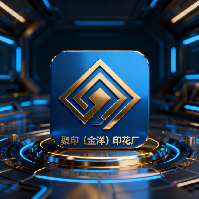 “聚印（金洋）印花厂”品牌logo，未来科技感，极简高级，金属质感蓝金配色，几何图形融合印花元素，1:1正方形头像，高大上风格，适用于企业品牌使用预览效果