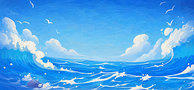 优化这张大海海浪图，给画面增加手绘质感，保留原画面构图和内容，降低AI感，增加手绘纹理和笔触细节