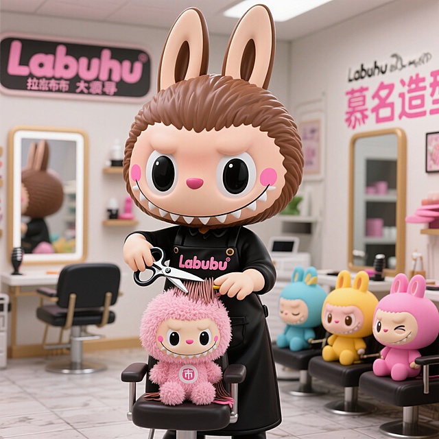 有一只棕色的labubu手里拿着剪刀 穿着黑色的围裙 给一位粉色的labuhu剪头发。他们在慕名造型。店里有美发镜子和美发椅子。旁边还坐着几只五颜六色的labubu坐在等待去等候