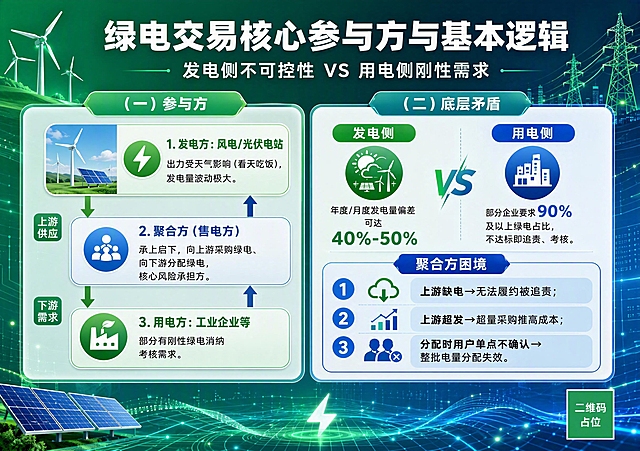 A4横版商务科技风宣传海报，绿色能源主题，专业清晰，版式精美。画面顶部居中大标题"绿电交易核心参与方与基本逻辑"，副标题"发电侧不可控性 VS 用电侧刚性需求"。画面主体分为左右两大区域：左侧为"（一）参与方"板块，包含三个信息卡片——1.发电方：风电/光伏电站，出力受天气影响（看天吃饭），发电量波动极大；2.聚合方（售电方）：承上启下，向上游采购绿电、向下游分配绿电，核心风险承担方；3.用电方：工业企业等，部分有刚性绿电消纳考核需求。三方用箭头连接形成上下游关系图。右侧为"（二）底层矛盾"板块，上方对比展示发电侧与用电侧矛盾——发电侧：年度/月度发电量偏差可达"40%-50%"；用电侧：部分企业要求"90%"及以上绿电占比，不达标即追责、考核。下方为"聚合方困境"，列出三点：上游缺电→无法履约被追责；上游超发→超量采购推高成本；分配时用户单点不确认→整批电量分配失效。背景采用渐变绿色到深蓝色科技感底色，点缀电网线条、风电场、光伏板、电流等绿色能源抽象元素。整体配色以绿色、蓝色为主，白色文字，信息卡片用浅色半透明底，层级分明，四周留足安全边距。画面中所有数字必须精确渲染，不得出现错位、遗漏或编造的数字。画面中所有信息区域必须填充完整合理的内容，不得出现空白框或占位。画面中所有二维码区域使用纯色方块占位符呈现，方块中央标注"二维码占位"文字，严禁生成任何可识别的二维码图案。