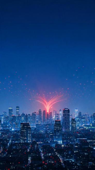全景镜头，夜晚的现代城市天际线，深蓝色夜空下万家灯火，无数微小的红色光点从城市各个角落缓缓升起，汇聚成一条明亮的红色能量流，向画面中心流动。光影：城市冷色调灯光与红色暖光形成强烈对比，能量流有柔和的光预览效果