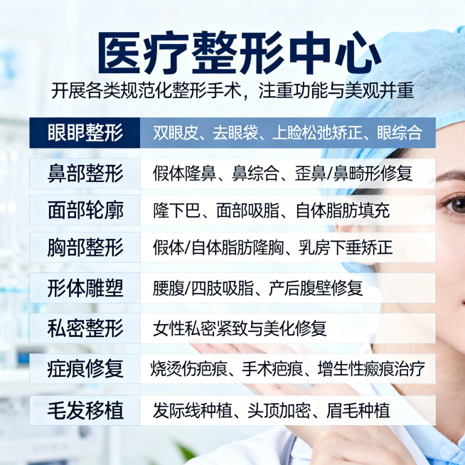 天津二七二医院医疗整形项目宣传页，大标题“医疗整形中心”，副标题“开展各类规范化整形手术，注重功能与美观并重”，项目列表：眼部整形包含双眼皮、去眼袋、上睑松弛矫正、眼综合；鼻部整形包含假体隆鼻、鼻综合预览效果