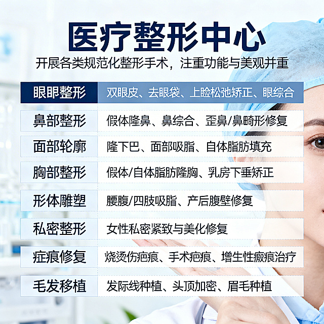 天津二七二医院医疗整形项目宣传页，大标题“医疗整形中心”，副标题“开展各类规范化整形手术，注重功能与美观并重”，项目列表：眼部整形包含双眼皮、去眼袋、上睑松弛矫正、眼综合；鼻部整形包含假体隆鼻、鼻综合、歪鼻/鼻畸形修复；面部轮廓包含隆下巴、面部吸脂、自体脂肪填充；胸部整形包含假体/自体脂肪隆胸、乳房下垂矫正；形体雕塑包含腰腹/四肢吸脂、产后腹壁修复；私密整形包含女性私密紧致与美化修复；瘢痕修复包含烧烫伤疤痕、手术疤痕、增生性瘢痕治疗；毛发移植包含发际线种植、头顶加密、眉毛种植，排版清晰，专业医疗设计风格，简洁大方