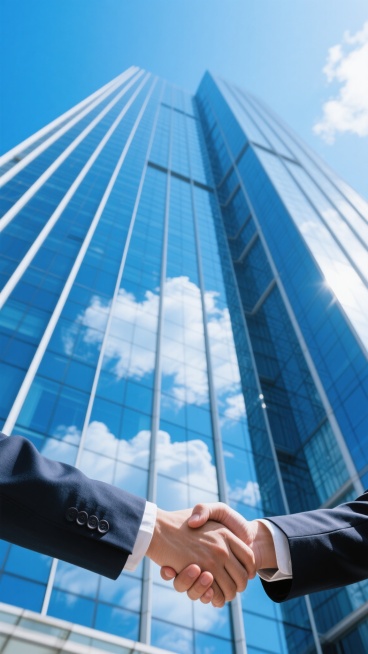 低角度仰拍，两只造型独特、身着质感深色西装的手在现代玻璃幕墙大厦前优雅相握，背景是高耸入云的蓝色玻璃写字楼，玻璃表面清晰映出天空洁白云朵与明亮阳光，画面光线明亮通透，色彩以蓝白为主，尽显专业、信任与成功合作氛围，具强烈视觉冲击力与空间纵深感预览效果