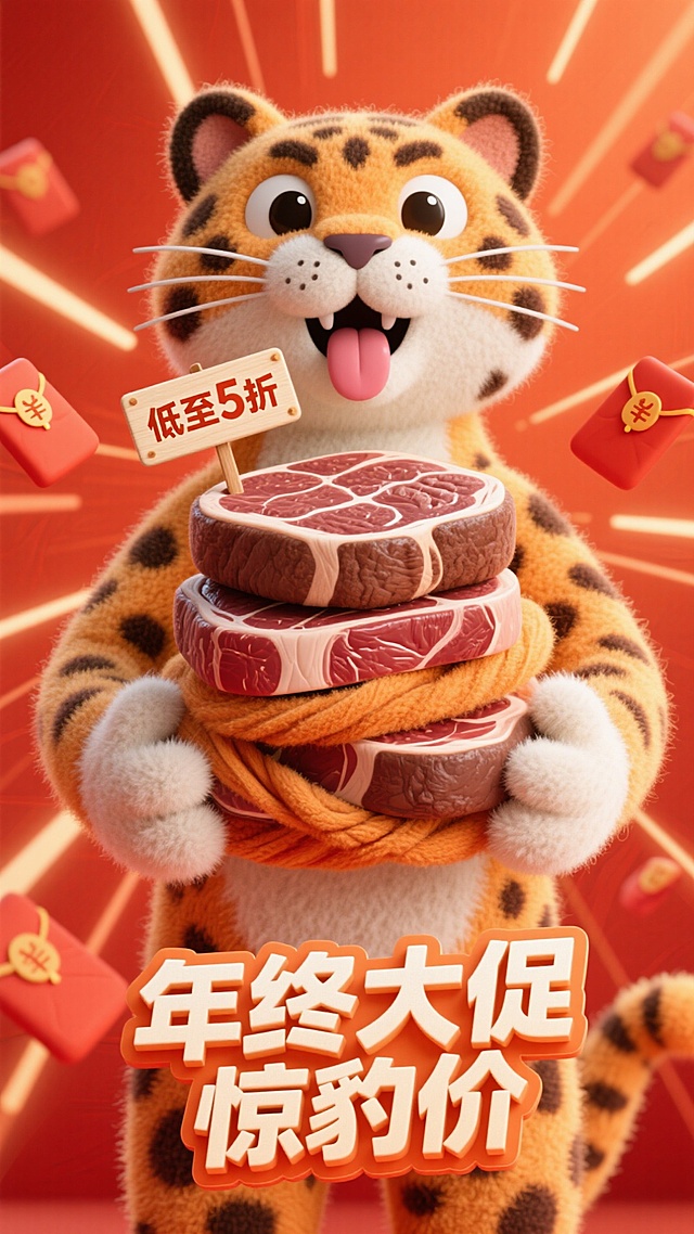 一只卡通豹子流口水表情，拿着垒起来的一堆牛排，最上方牛排插着一个带“低至5折”的牌子，促销感橙红背景，放射线、红包元素点缀，画面下方3D文字标签“年终大促 惊豹价”。