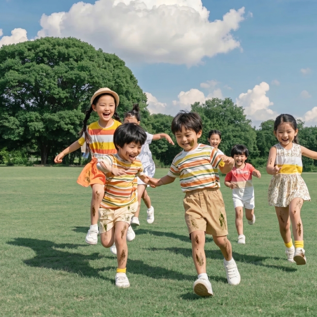 保持原图中孩子们在草坪上奔跑的整体画面、人物姿态和场景氛围不变，给所有孩子的衣物、皮肤上添加自然的泥土污渍、草渍痕迹，呈现出在户外草地玩耍后身上沾有脏污的真实效果，画面整体光影和色彩保持自然协调预览效果
