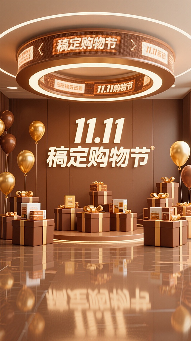 3D重拟物风格，鎏金与金属质感交织，营造奢华喜庆氛围，搭配悬浮气球与礼盒堆叠，强化双十一购物节的促销感与视觉冲击力。