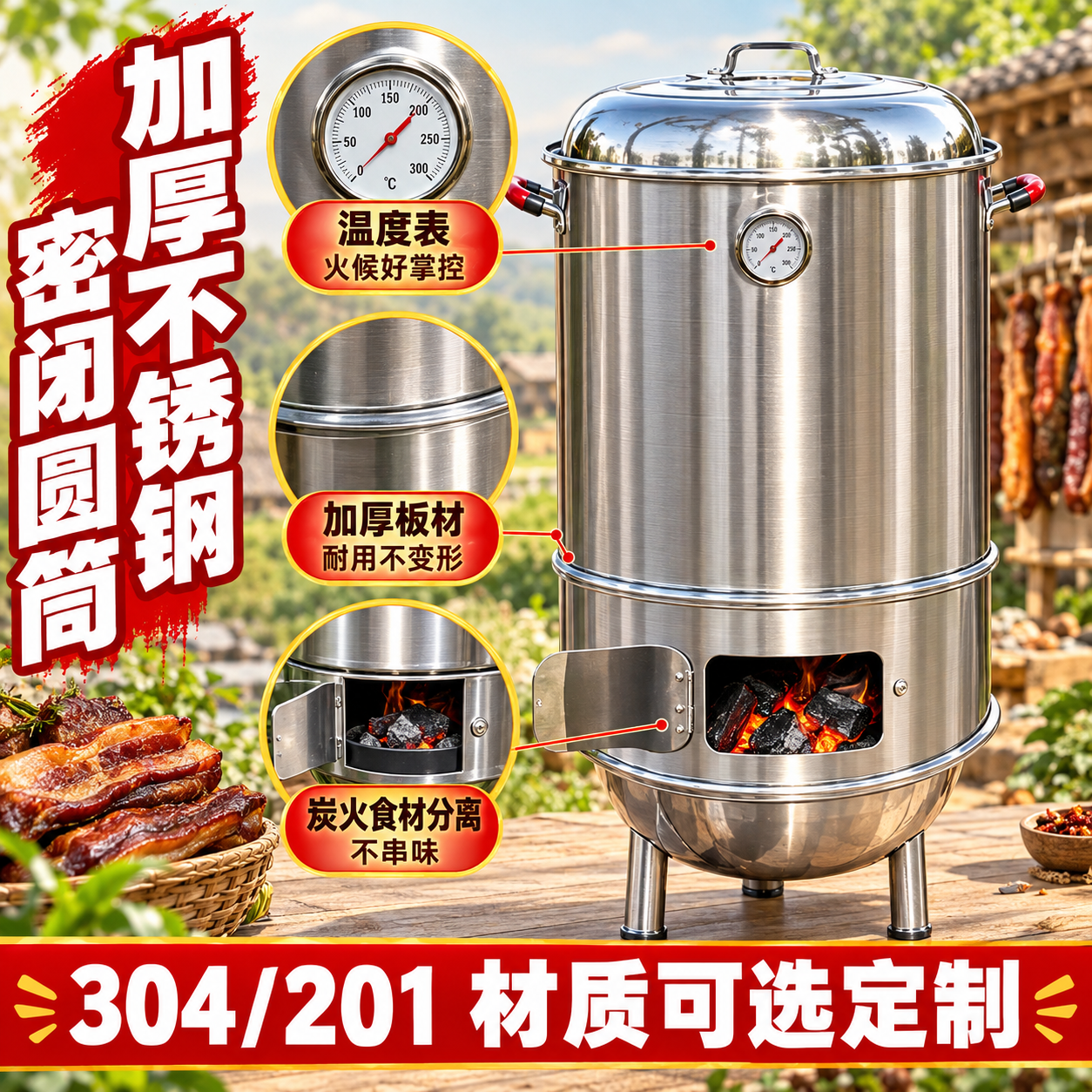 [主图-3] 材质与品质图：加厚不锈钢+密闭圆筒+炭火食材分离… - 图片创意预览